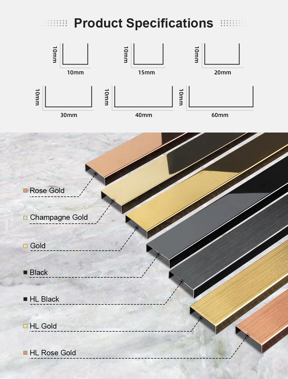 PVD Color Profiles Stainless Steel U Channel Tile