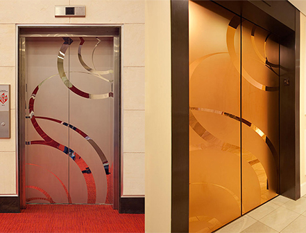 Etched sheet applied to elevator door interior panel