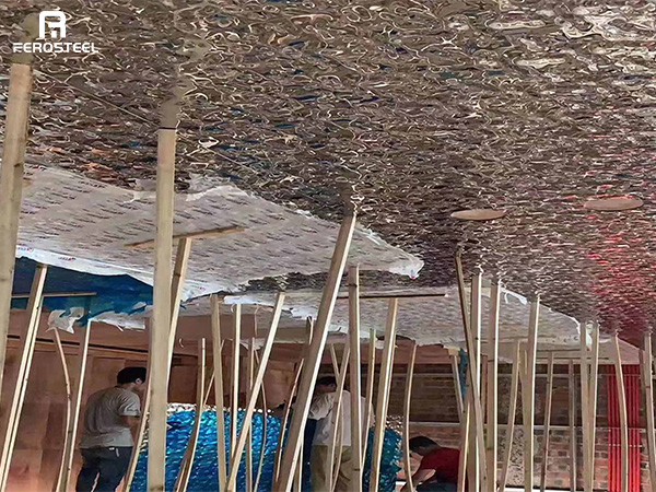 Water ripple stainless steel sheet ceiling installation method