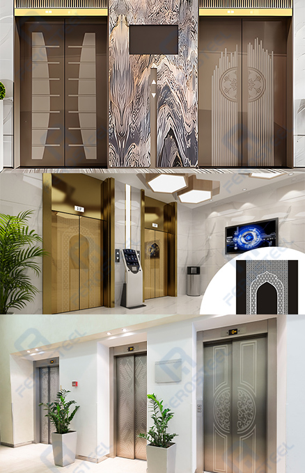Etched sheet applied to elevator door interior panel
