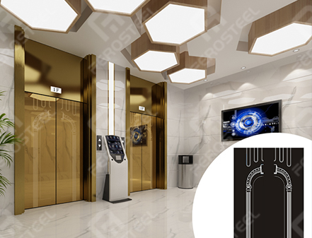 Etched sheet applied to elevator door interior panel