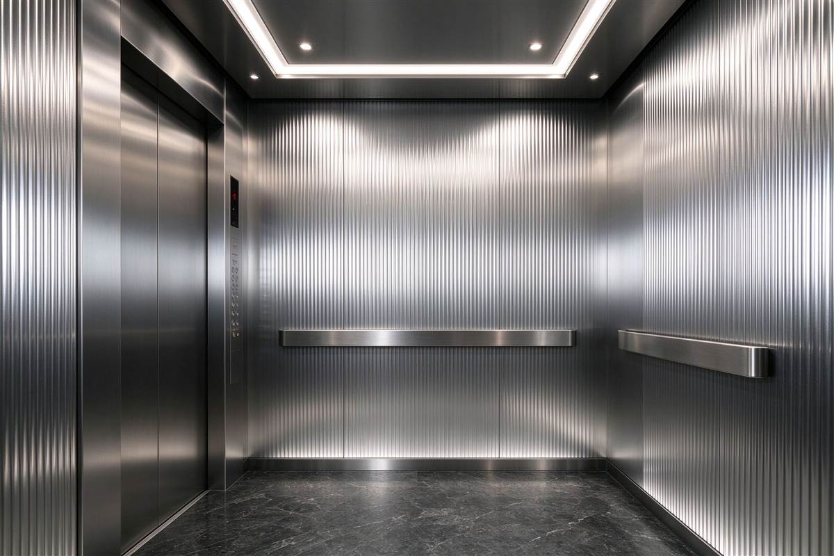 Vertical line embossed stainless steel panels in an elevator interior