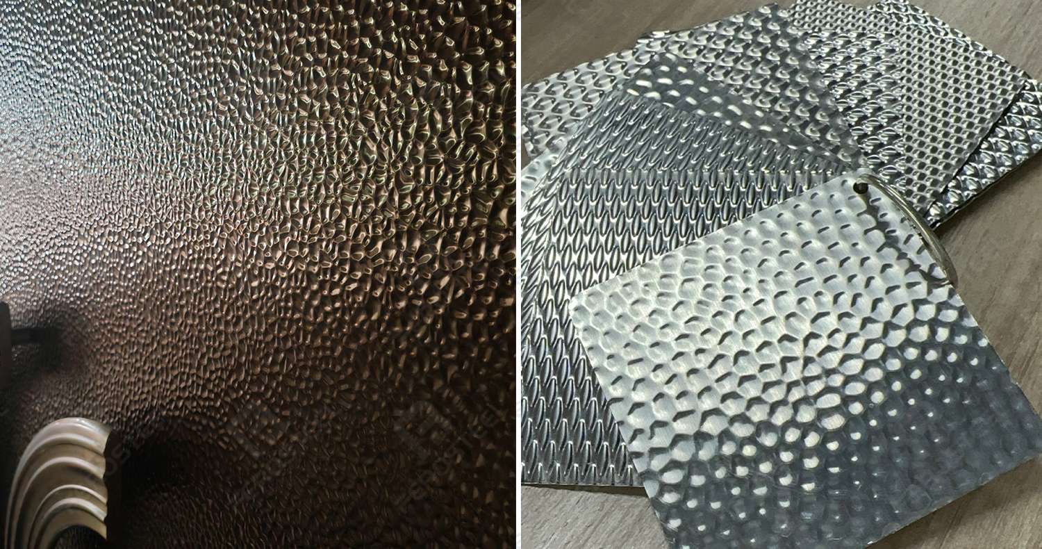 Textured stainless steel sheet close-up with light and shadow