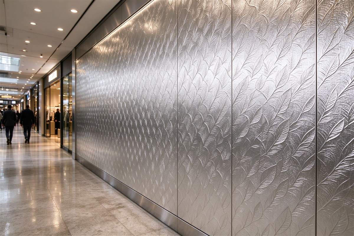 Embossed stainless wall panels in a busy shopping mall corridor