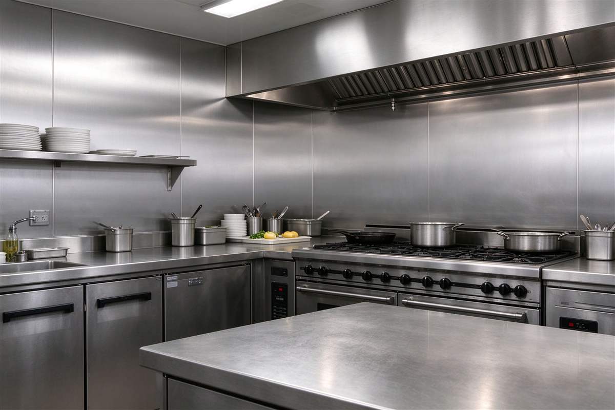Brushed stainless steel sheets in a commercial kitchen