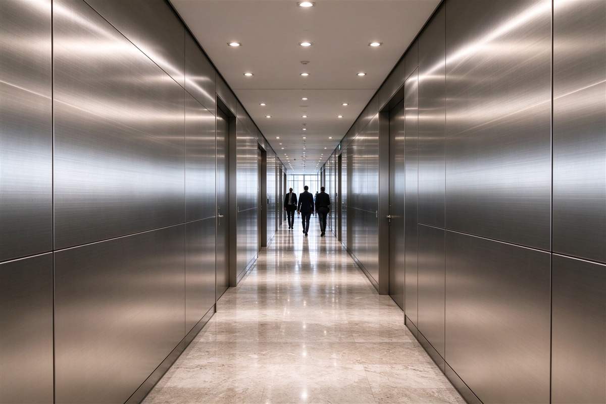 Horizontal grain brushed stainless steel wall panels in a modern corridor